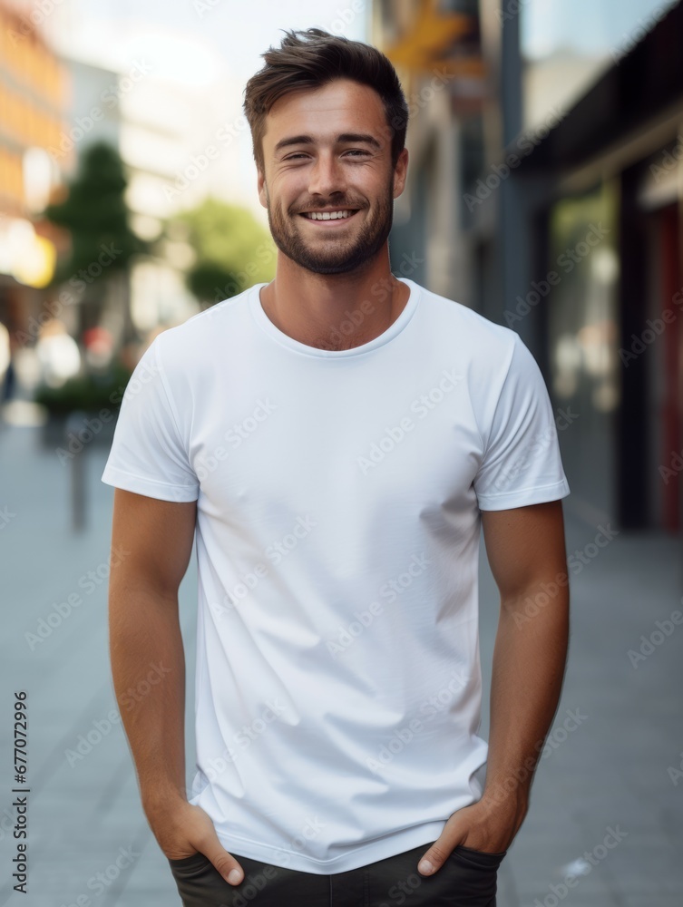a man in white tshirt smiling and looking at the camera for Mockup tshirt a man in white tshirt smiling and looking at the camera for Mockup tshirt