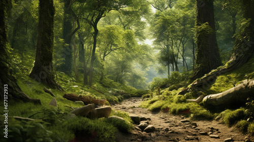 a lush green forest with a winding dirt path