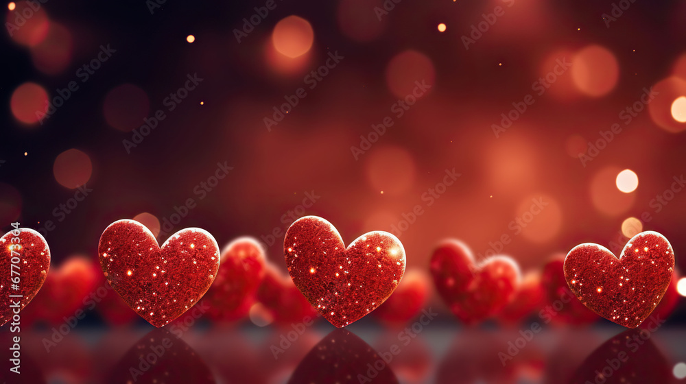 Valentine's Day background with red hearts on a bokeh background.