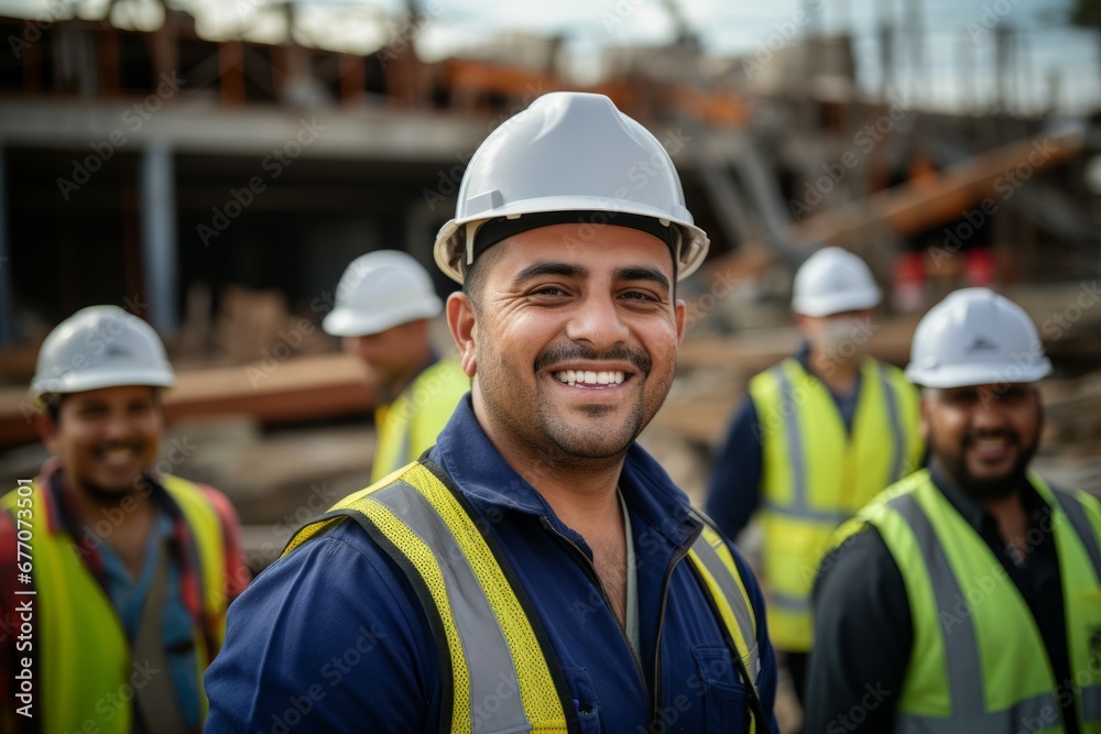 A building workers smile at camera A building workers smile at camera