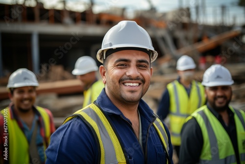 A building workers smile at camera