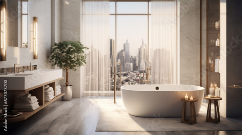 a luxurious bathroom with a large marble bathtub and a vanity