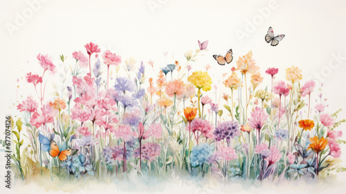 A pastel watercolor drawing of small colorful flowers and butterflies photo