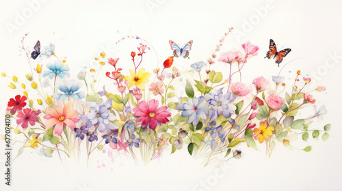 A pastel watercolor drawing of small colorful flowers and butterflies © Venka