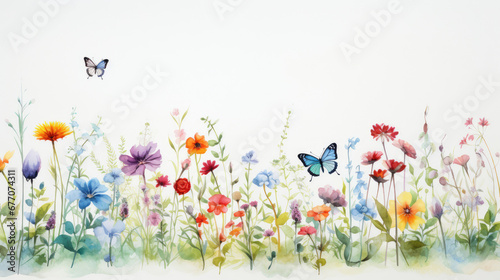 A pastel watercolor drawing of small colorful flowers and butterflies