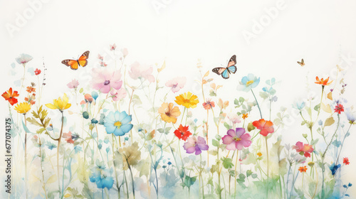 A pastel watercolor drawing of small colorful flowers and butterflies