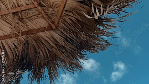 the roof is made of palm leaves that are blown up by the wind and the sky with clouds