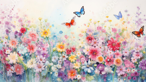A pastel watercolor drawing of small colorful flowers and butterflies © Venka