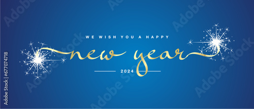 We wish you Happy New Year 2024. New Year golden ribbon handwritten lettering calligraphic tipography with simple light sparkle firework on blue background