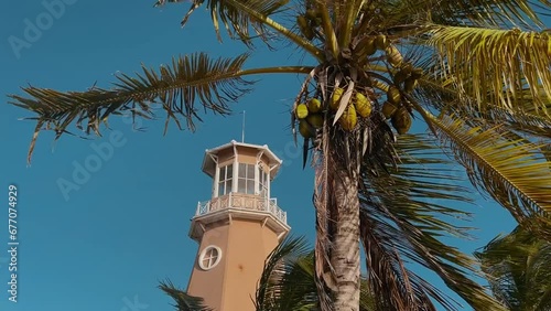 lighthouse against a clear sky, palm trees with coconuts swaying in the wind in the foreground