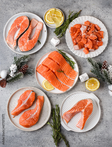 assortment of raw salmon in a Christmas