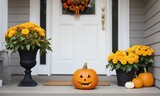 Halloween pumpkin jack o' lantern and flowers on front porch