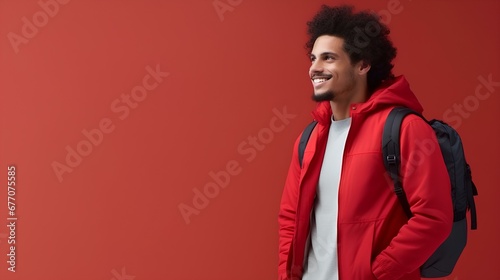 A relaxed posture of a African American male student with a backpack slung over one shoulder, exuding casual confidence against a bold red background. generative AI