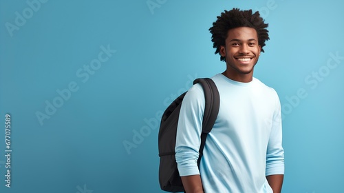 A relaxed posture of a African American male student with a backpack slung over one shoulder, exuding casual confidence against a bold blue background. generative AI