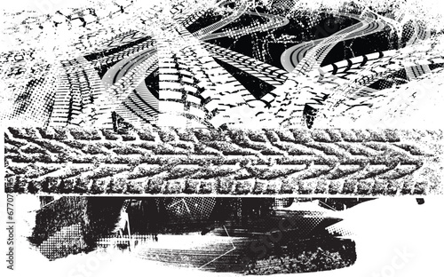 Vector Print Textured Tire Track . Design Element . Car tread silhouette . Mud splash grunge tire texture. Tyre track banner .