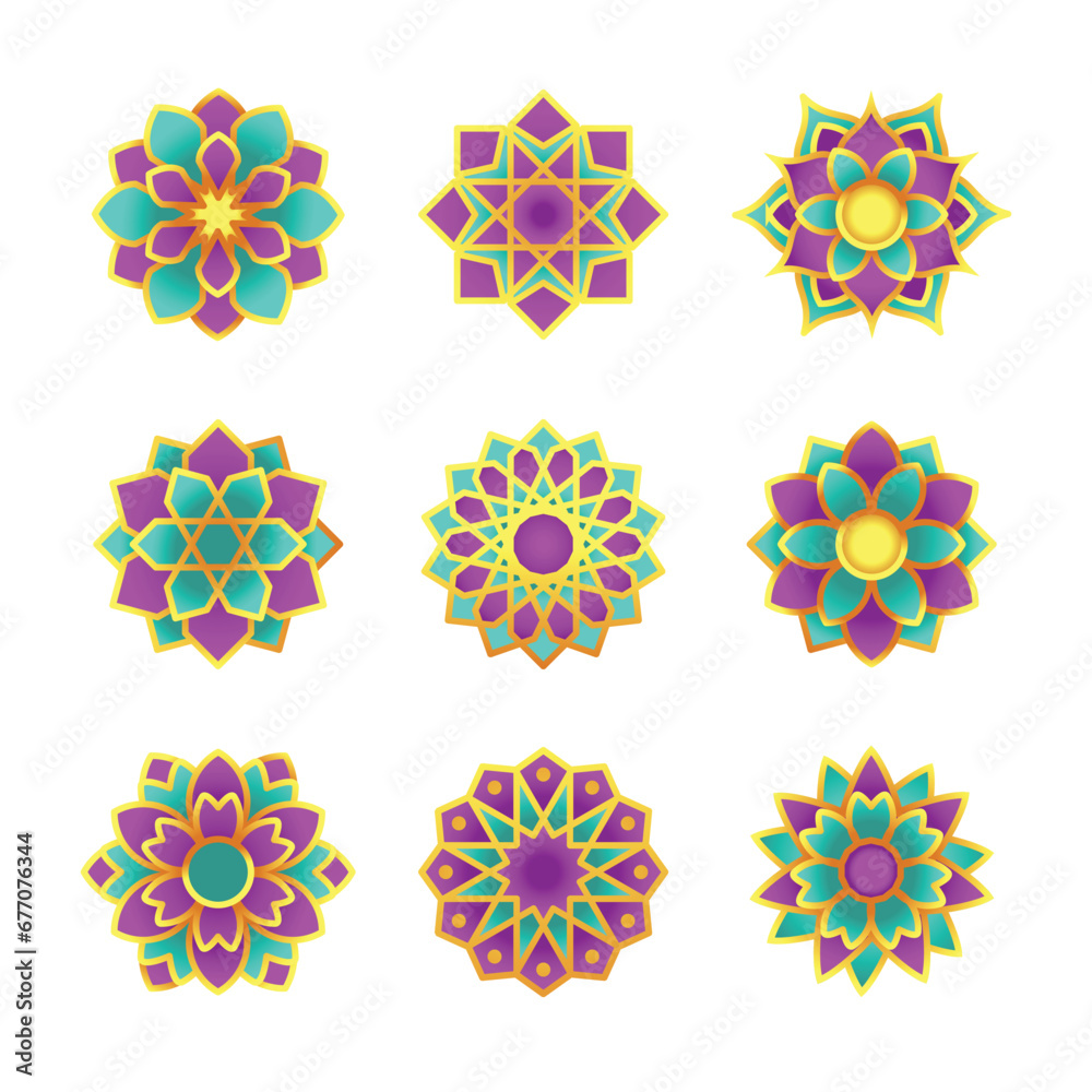 Set of Geometric Islamic Flower Mandala Object. Isolated Arabic Traditional Art Decoration Floral Arabesque Pattern for print, poster, cover, brochure, flyer, banner.