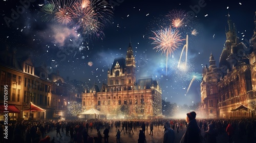 New Year's Eve with fireworks, champagne to celebrate the new year holiday cartoon illustrations,generated with AI.