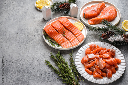 assortment of raw salmon in a Christmas