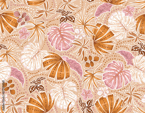 Hand drawn Stylish Summer Tropical plants and leaves, seamless pattern vector illustrations ,