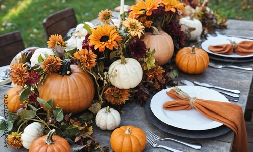 Autumn outdoor dinner table setting with flowers and pumpkins