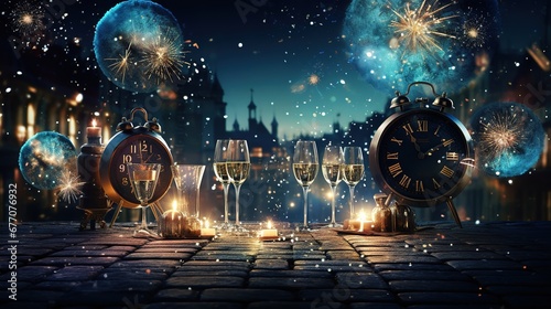 New Year's Eve with fireworks, champagne to celebrate the new year holiday cartoon illustrations,generated with AI.