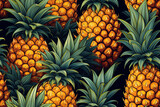 seamless vintage exotic tropical pattern with pineapples on black background