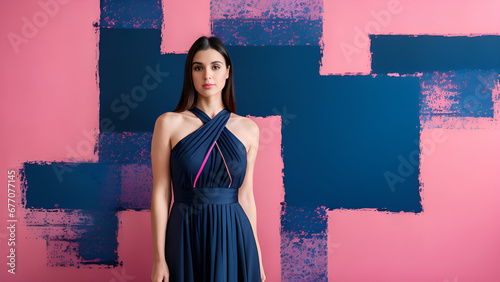 Woman in elegant blue and pink umbrella dress