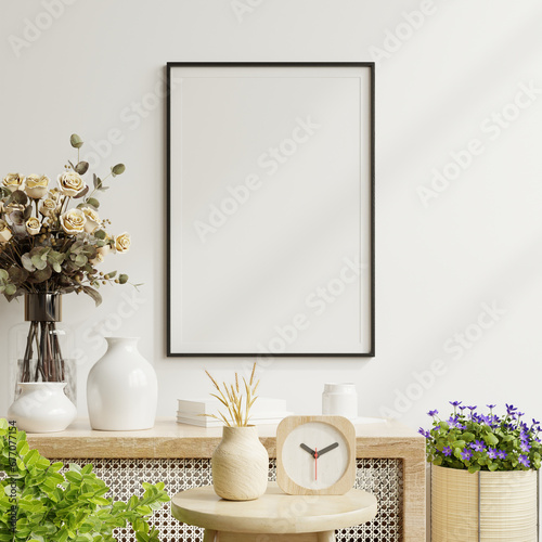 Mockup poster frame close up and accessories decor in cozy white interior background photo