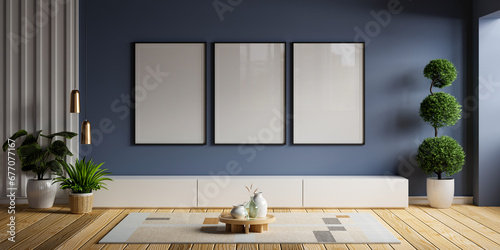 Poster mockup with wooden frame in home interior on blue wall background