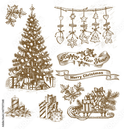 Christmas elements by hand drawn in vintage style