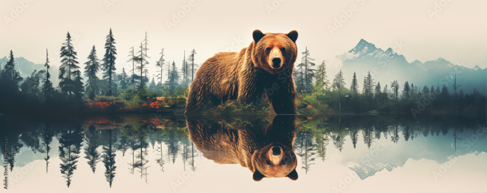 Wild grizlly bear in the forest for t-shirt printing . - obrazy, fototapety, plakaty 