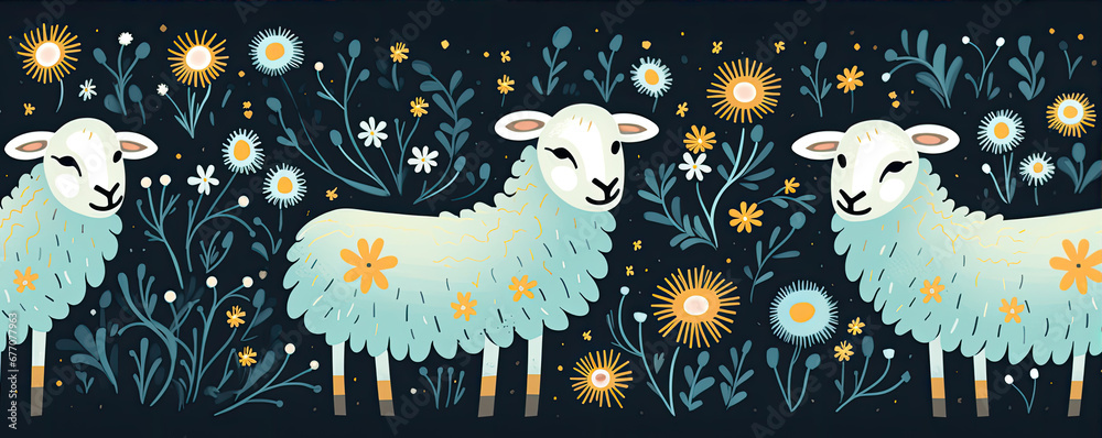 Pattern with sheep and coloured flowers Pattern with sheep and coloured flowers