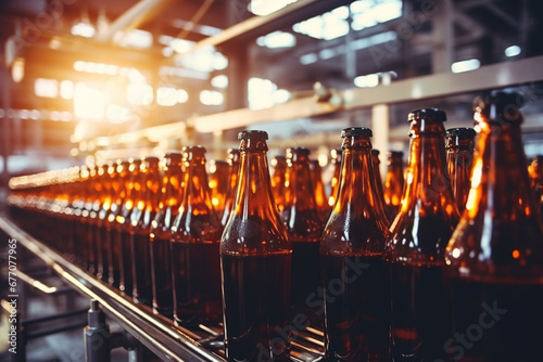 row glass beer drink alcohol bottles, brewery conveyor, modern production line photo