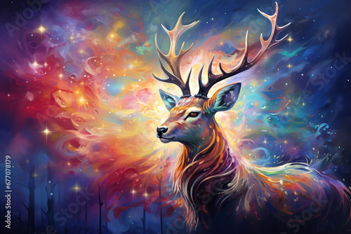 portrait of a magical fantasy deer in the forest, colorful light with copy space