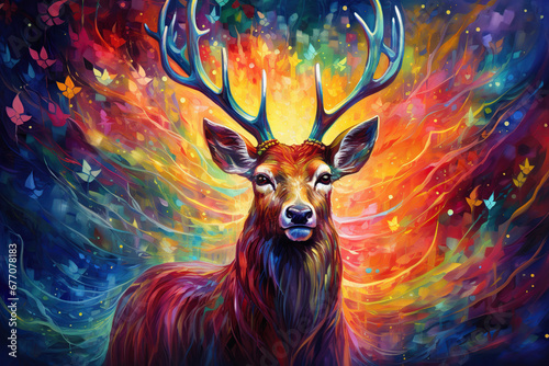 portrait of a glowing deer, colorful surreal background with copy space