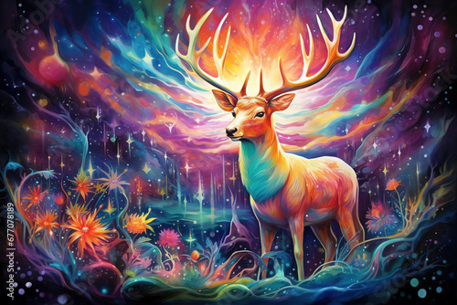 colorful surreal art of a deer with beautiful glowing flowers at night, magical illustration photo