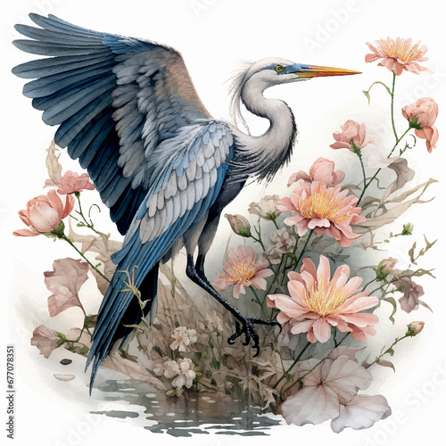 Illustration of heron flying and wild chrysanthemum realistic drawing © Linggakun