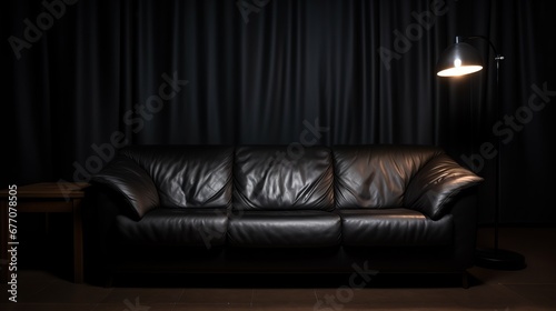 Black interior with black sofa and a solid black wall.