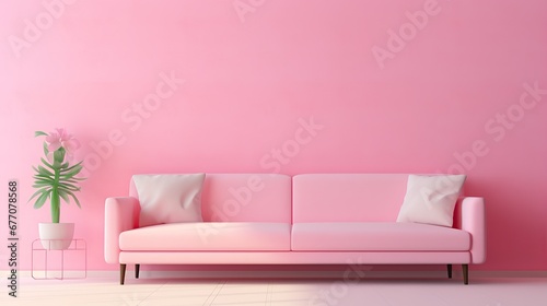 Pink interior with pink sofa and pink wall.