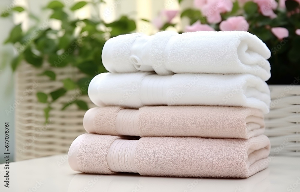 many pastel white, beige and pink towels on white wooden shelves on light bathroom background many pastel white, beige and pink towels on white wooden shelves on light bathroom background
