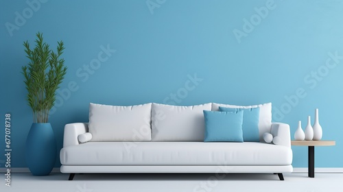 Cool interior with white sofa and blue wall. photo