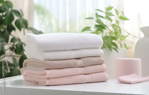 many pastel white, beige and pink towels on white wooden shelves on light bathroom background