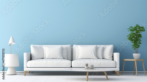 Cool interior with white sofa and blue wall. © Tirtonirmolo