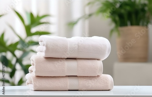 many pastel white, beige and pink towels on white wooden shelves on light bathroom background