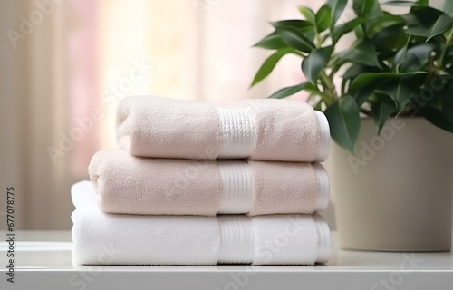 many pastel white, beige and pink towels on white wooden shelves on light bathroom background