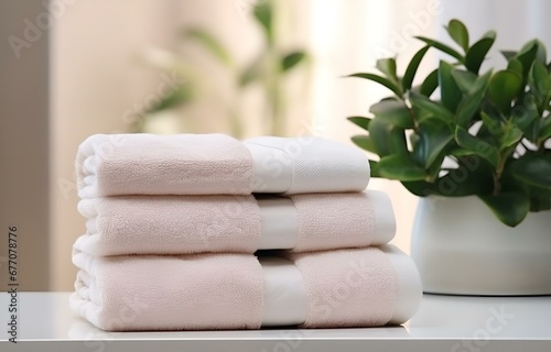 many pastel white, beige and pink towels on white wooden shelves on light bathroom background