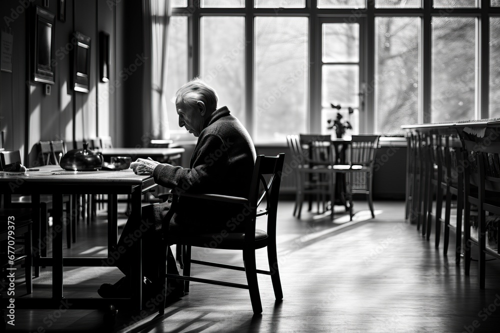 Elderly man sitting alone at a table, nursing home, loneliness Elderly man sitting alone at a table, nursing home, loneliness