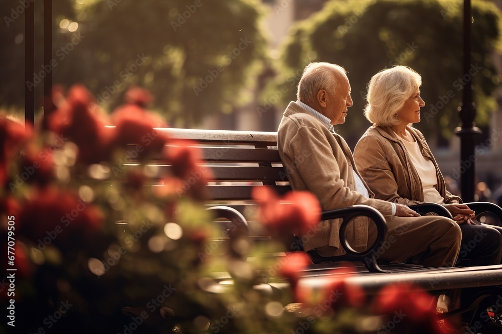Elderly couple sitting on a bench in park, flowers all around, loneliness - obrazy, fototapety, plakaty 
