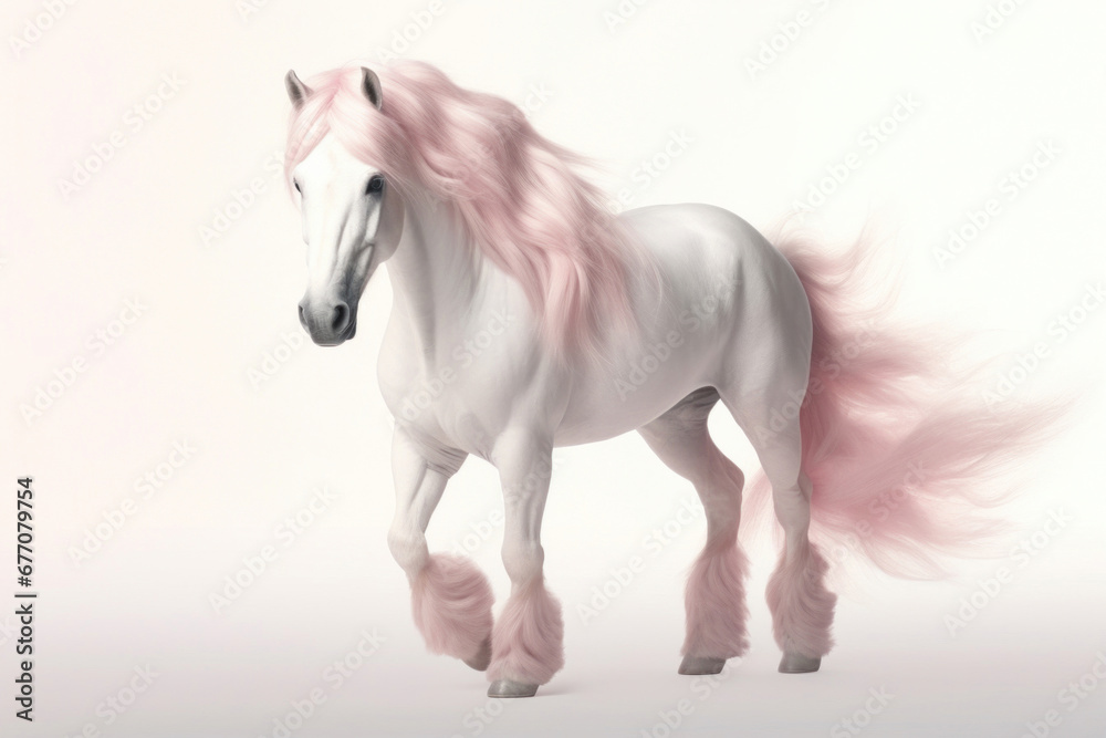 Soft pink horse with fluffy tail and mane on white background Soft pink horse with fluffy tail and mane on white background