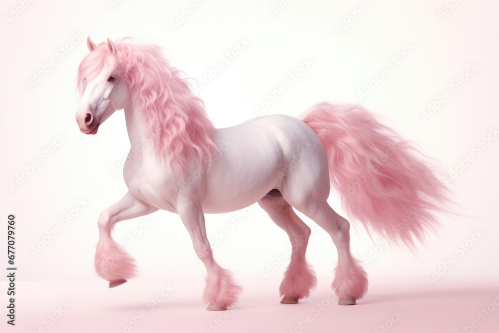 Soft pink horse with fluffy tail and mane on white background Soft pink horse with fluffy tail and mane on white background